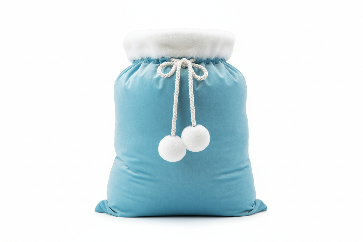 Professional product photography of a premium light blue velvet Christmas Santa sack with white faux fur trim at the opening, thick white rope drawstrings with fluffy white pompoms, standing upright on pure white background, plain solid light blue fabric without any patterns or snowflakes or decorations, smooth velvet texture, studio lighting, luxury holiday gift bag, 8K resolution, hyperrealistic, commercial photography style, no embroidery, no text, no snowflakes, solid color only