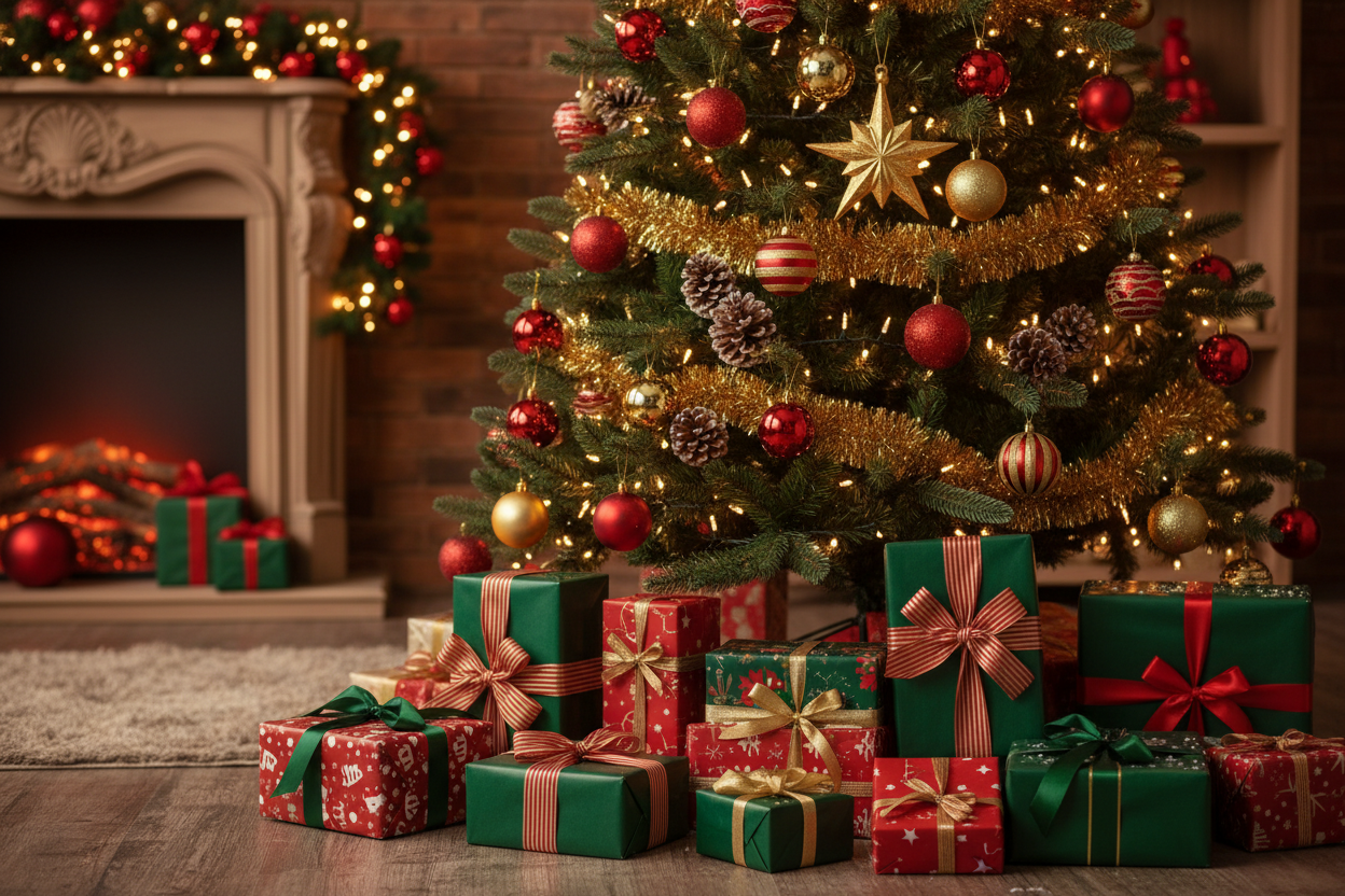  Cadeaux Noël → Cadeaux emballés sous sapin
