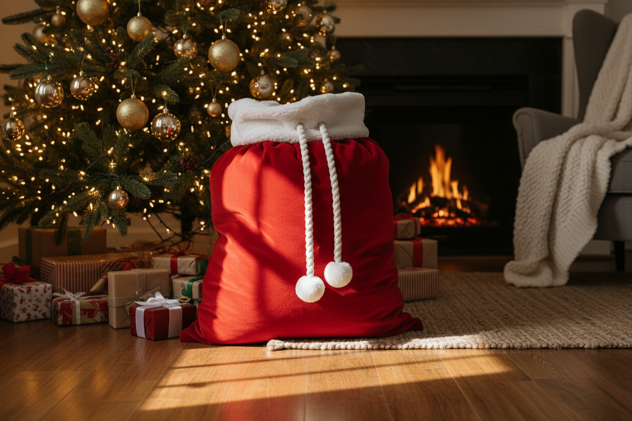 Cozy Christmas scene: a large red velvet Santa sack with white fur trim and pompom drawstrings placed next to a decorated Christmas tree with warm lights, wooden floor, gifts around, warm and inviting atmosphere, natural lighting, lifestyle photography, realistic, hygge aesthetic, festive mood, high quality, 4K