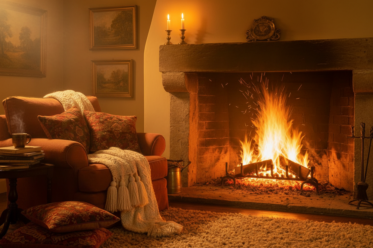 Image cocooning d'un feu de cheminée dans une maison qui fait ressentir la chaleur