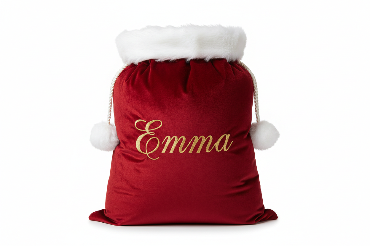 Professional product photo of a luxury red velvet Christmas Santa sack with white fur trim, the name "Emma" elegantly embroidered in gold thread on the front, white pompom drawstrings, standing upright on white background, studio lighting, detailed embroidery visible, premium quality, realistic texture, e-commerce photo style, 4K resolution