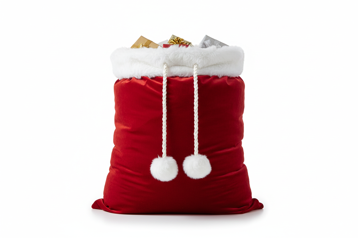 Professional product photography of a large red velvet Christmas Santa sack with white fur trim at the top and white pompom drawstrings. The bag is standing upright on a pure white background, studio lighting, high resolution, e-commerce product photo, realistic texture, soft shadows, elegant presentation, front view, 4K quality, commercial photography style