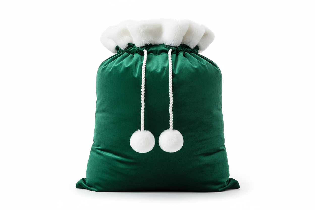 Professional product photography of a premium dark green velvet Christmas Santa sack with white fur trim and white pompom drawstrings, standing upright on white background, studio lighting, 8K, hyperrealistic