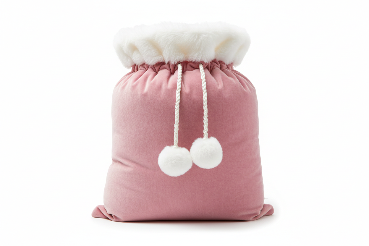 Professional product photography of a premium soft pink velvet Christmas Santa sack with white fur trim and white pompom drawstrings, standing upright on white background, studio lighting, 8K, hyperrealistic