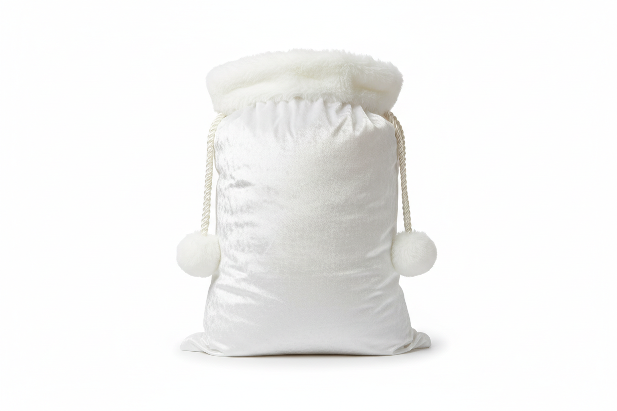 Professional product photography of a premium white velvet Christmas Santa sack with white fur trim and white pompom drawstrings, standing upright on white background, studio lighting, 8K, hyperrealistic